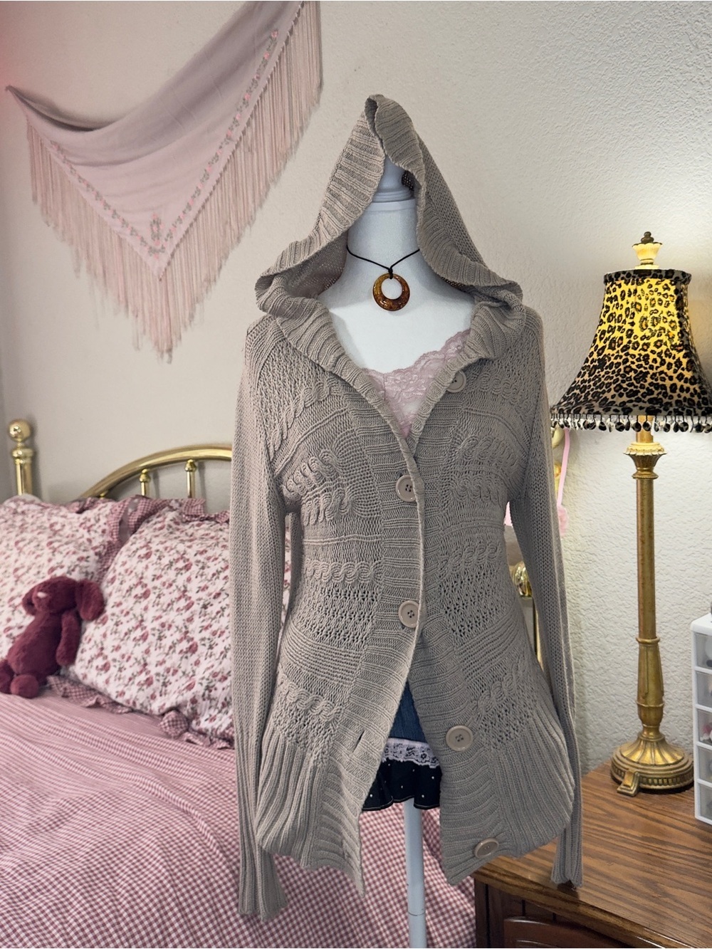 Y2K Women's Hooded Button-Front Knit Cardigan Sweater - Taupe